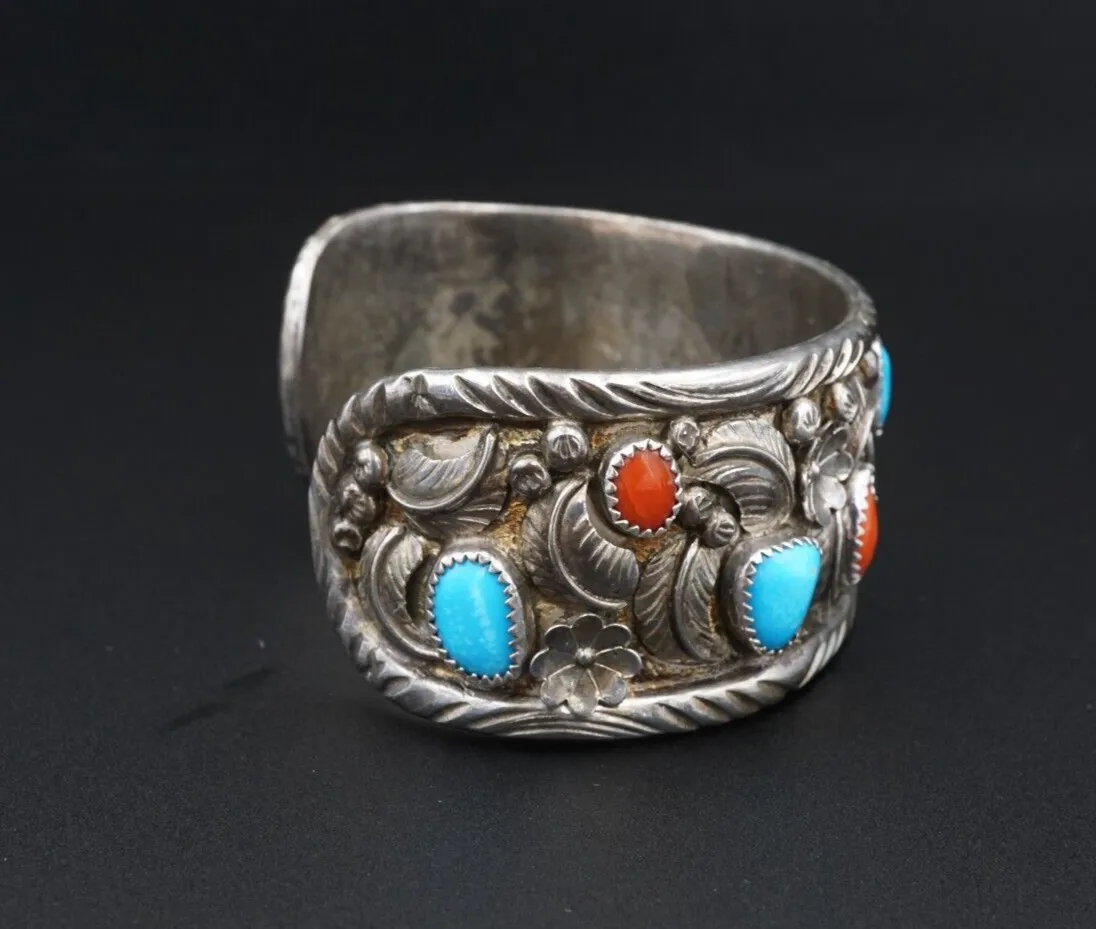 Signed Squash Blossom Sterling Silver Turquoise Coral Cuff Bracelet 7" BS2849