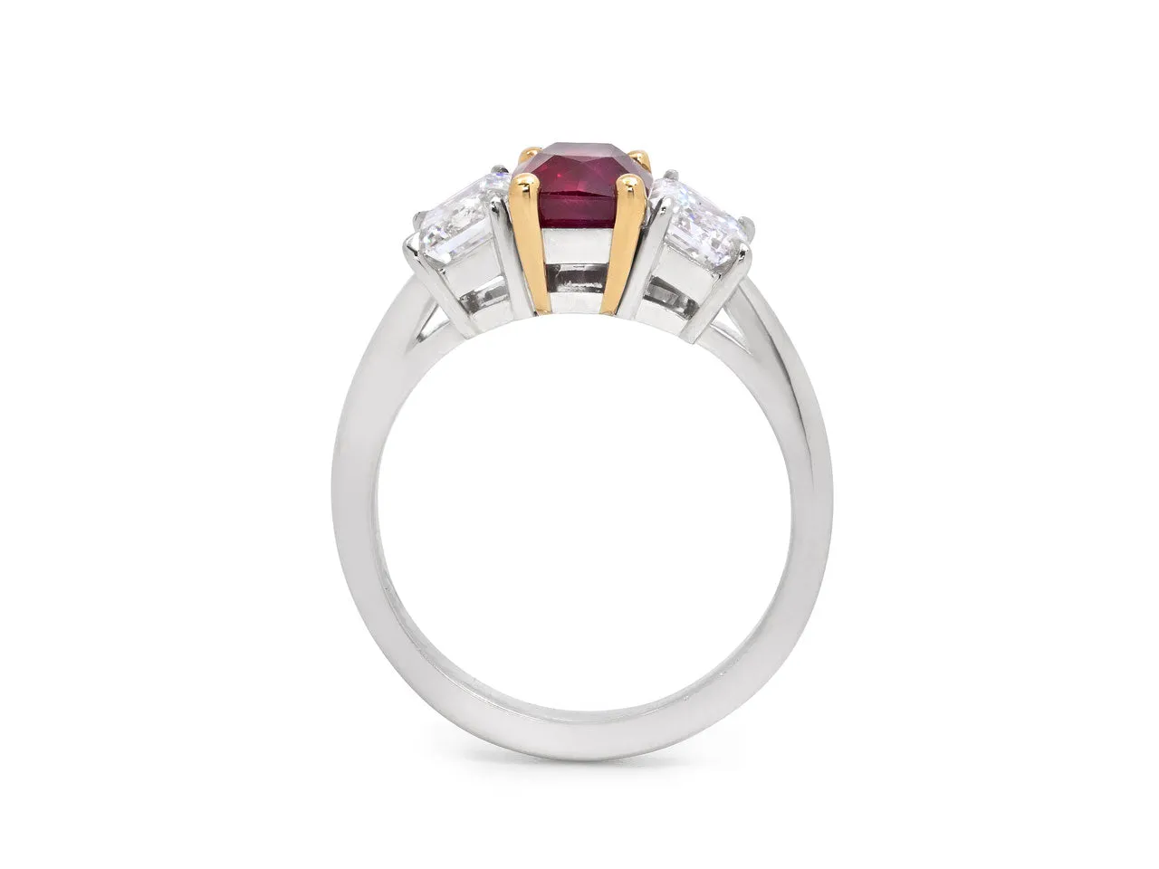 Tiffany & Co. Three Stone Burma Ruby, 2.06 carat, and Diamond Ring in Platinum