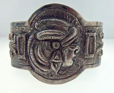 Vintage Mexico City J Vigueras Bracelet 1930s 925 Silver 2.5" Repousse BS139