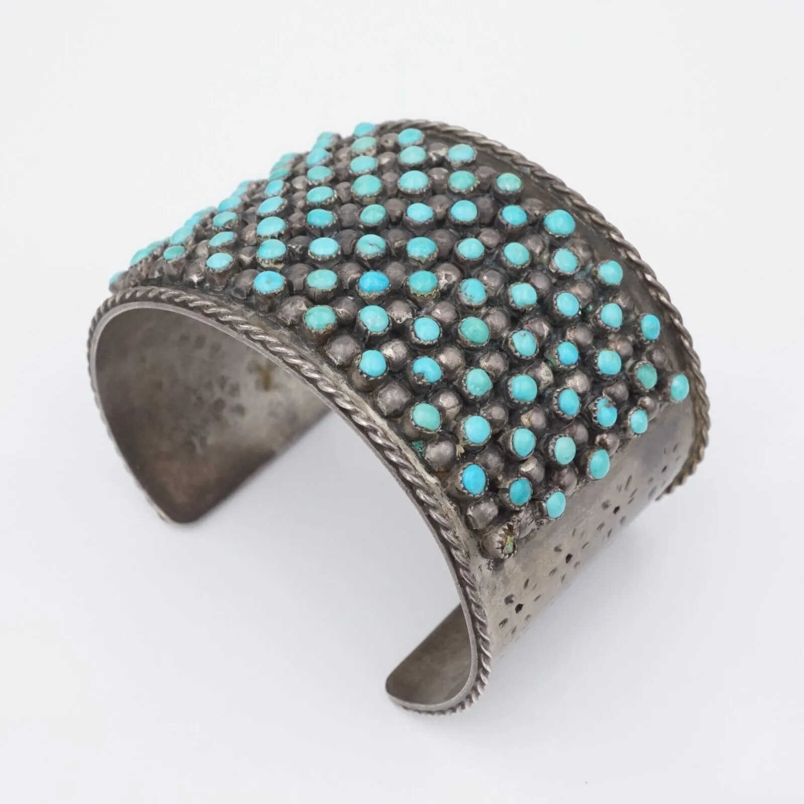 Zuni Petit Point Bracelet Turquoise Wide Cuff Sterling Silver Vintage BS2900